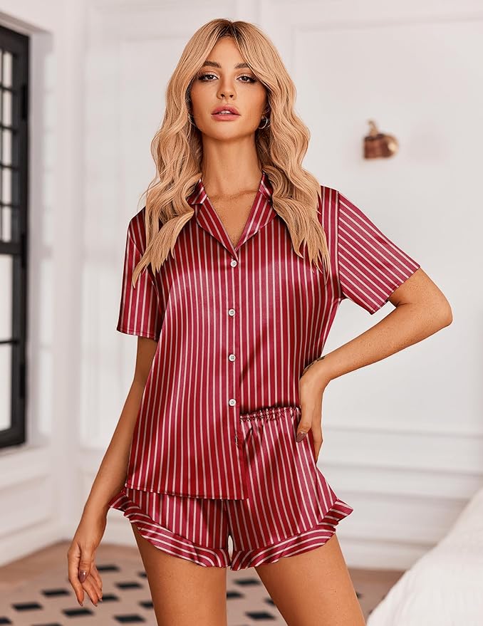 Ekouaer Womens Satin Pajamas Set Button Down 2 Piece Silk Pjs Shorts Set Ruffle Lingerie Notch Collar Sleepwear