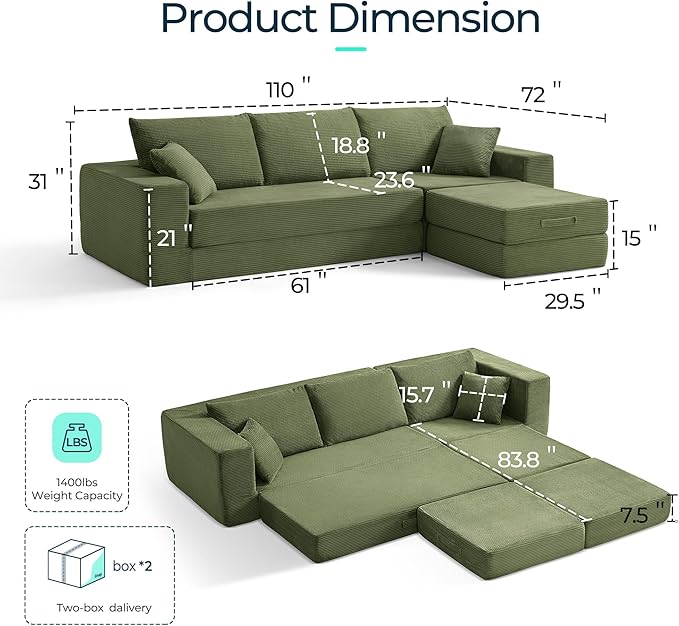 LINSY HOME Convertible Sofa Bed with 2 Pillows & Ottoman, Boneless Couch Folding Modular Sectional Sleeper Sofa, L Shaped Sofas Corduroy Couch Bed Compression Sofa for Living Room Apartment, Green