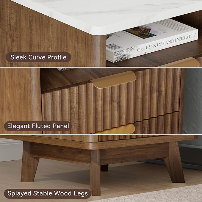 Fluted Nightstand with 2 Drawers, 18" Modern Night Stand with Faux Marble Top, Open Storage Shelf, Curved Edge Bedside Table for Bedroom, End Side Table (1, Walnut)