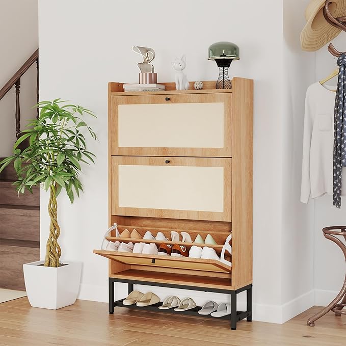 Slim Entryway Shoe Storage Cabinet with 3 Flip Drawers, Modern Freestanding Shoes Organizer Holds 16-20 Pairs, Closed Shoe Storage for Hallway, Foyer - Space-Saving Wood Shoe Cabinet