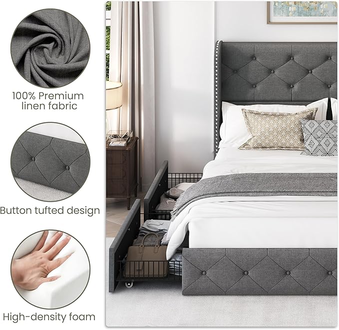 LARMACE Full Size Bed Frame with 4 Storage Drawers and Wingback Headboard Linen Upholstered Platform Bed Frame Tufted Beds with Wooden Slats Support, Easy Assembly, Light Grey