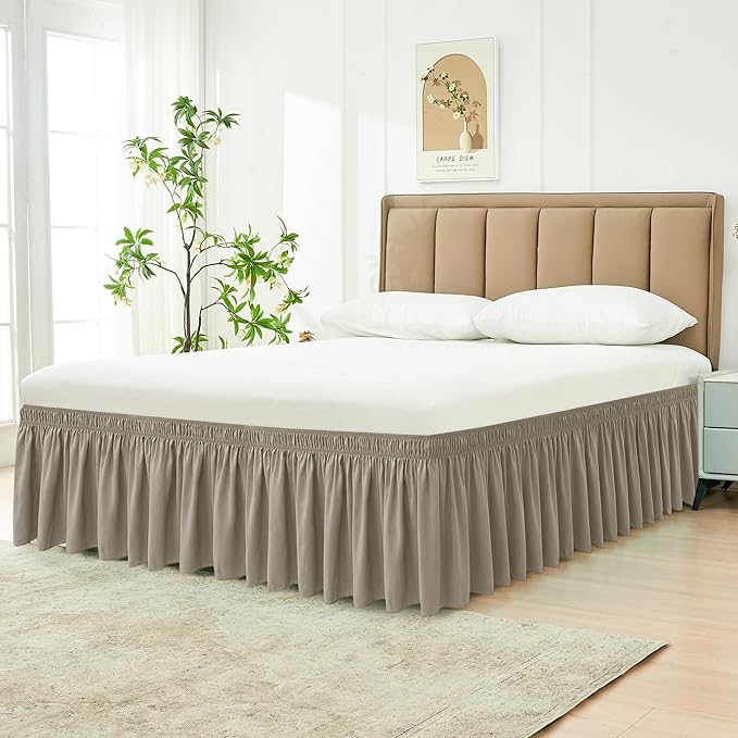 Biscaynebay Wrap Around Bed Skirts for King & Cal King Beds 18" Drop, Taupe Adjustable Elastic Dust Ruffles Easy Fit Wrinkle Resistant Silky Luxurious Fabric Machine Washable