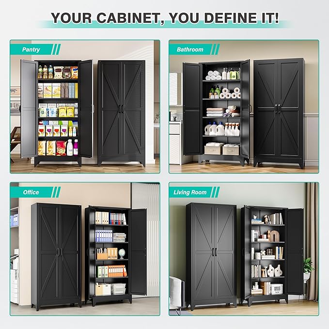 SISESOL 75" Tall Pantry Cabinet,Farmhouse Kitchen Pantry Storage Cabinets with 2 Doors and 4 Shelves,Black Metal Storage Cabinet,Large Cupboard for Home,Kitchen,Dining/Living Room