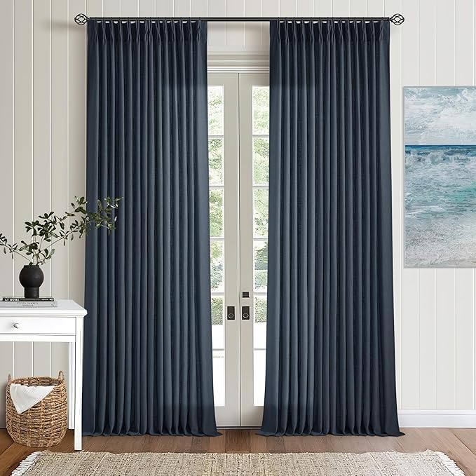 Dark Blue Linen Curtains 102 Inches Long for Living Room Pinch Pleated Drape with Hooks Rings for Track System Light Filtering 102 Inch Curtain for Bedroom Sliding Patio Door 2 Panels Navy Indigo