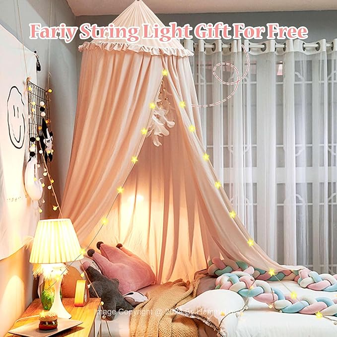 Bed Canopy for Girls, Dreamy Frills Ceiling Hanging Princess Canopy Bedroom Decoration Soft Canopy Net Reading Nook, Extra Large Full Queen Size Bed Canopies - Light Pink