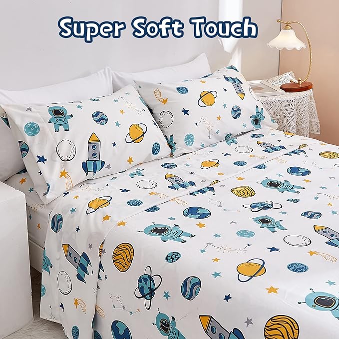 JSD Blue Astronaut Kids Sheet Set Full Size, 4 Piece Space Rocket Printed Microfiber Bed Sheets Deep Pocket