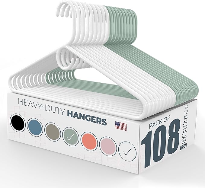 Neaties Heavy Duty Clothes Hangers 100 Pack (108 Count) – Made in The USA – 8lb Capacity Plastic Hangers for Adult Clothing – Durable for Pants, Coats, Jackets, or Jeans – White & Mint