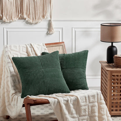 Fancy Homi Set of 2 Dark Green Samll Decorative Throw Pillow Covers 12x12 Inch for Living Room Couch Bed, Boho Farmhouse Forest Green Home Decor, Soft Corss Corduroy Patchwork Textured Cushion Case