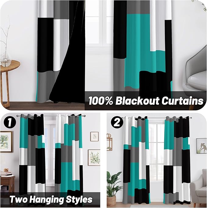 Teal/Turquoise 100% Blackout Curtains for Bedroom 72 inch Length 2 Panels Set White Grey Modern Abstract Geometric Black Out Curtains Room Darkening Window Drapes for Living Room, 52Wx72L
