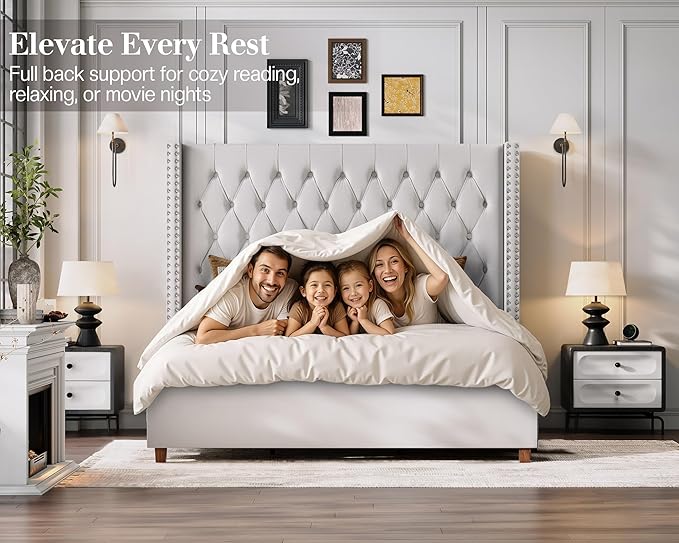 Jocisland King Size Bed Frame with 61.4" Tall Headboard, Velvet Upholstered Wingback Platform Design, Handcrafted Pleats& Deep Button Tufted, Solid Wood Legs, No Box Spring Needed, Cream