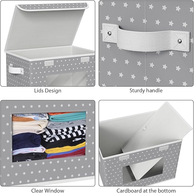 Univivi Fabric Foldable Storage Boxes [4-Pack] Large Collapsible Stackable Storage Bins with Lids, Closet Organizers and Storage Cube Basket for Home, Office, Bedroom (Gray Star, 17”x 12” x 12”)