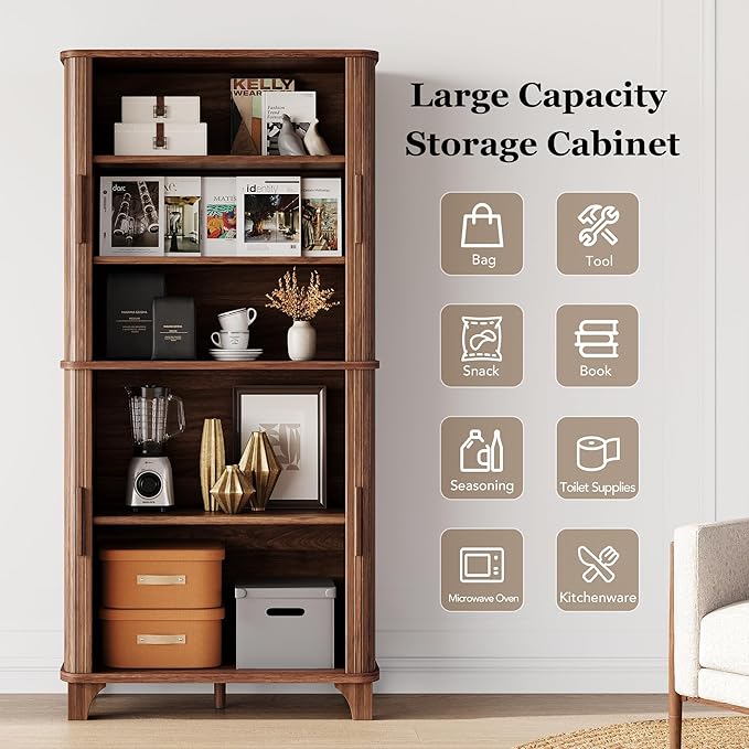 69" Tall Kitchen Pantry Storage Cabinet with Sliding Door, Modern Curved Edge Pantry Storage Cabinet with 5 Shelves, Cupboard for the Kitchen, Dining Room, Bedroom, Living Room, Office (Walnut)