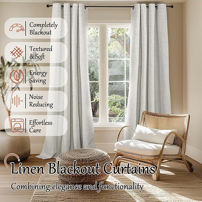 100% Blackout Curtains for Living Room 90 Inch Length 2 Panels Set, Thermal Insulated Light Blocking Boho Faux Linen Window Curtains for Bedroom, Bronze Grommet, Each 52" Wide, Light Grey
