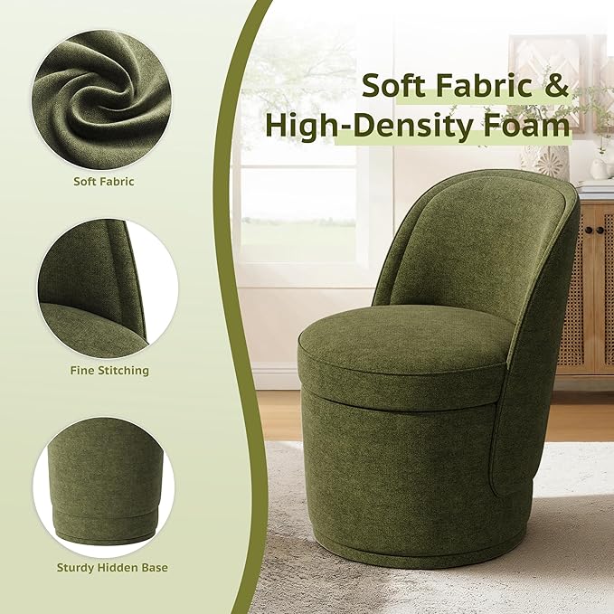 Swivel Accent Chair, 360° Swivel Chair with Hidden Storage, Vanity Chairs, Modern Small Barrel Swivel Armchair for Living Room/Bedroom, Green