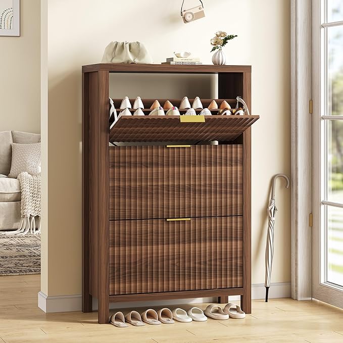 Shoe Cabinet Storage for Entryway, Fluted Shoe Cabinet with 3 Flip Drawers, Hidden Shoe Rack Tall Freestanding Shoe Organizer with Legs for Hallway, Walnut
