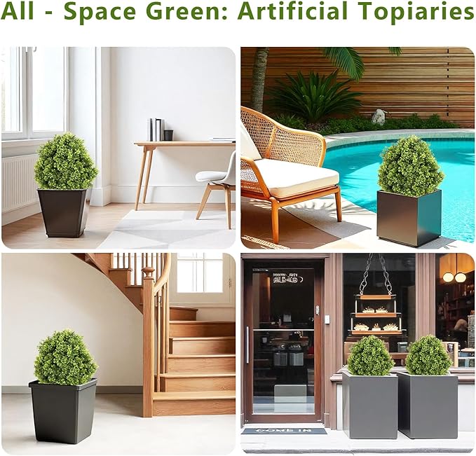 27“ Realistic Artificial Boxwood Topiary Trees Set of 2, Faux Plants Outdoor UV-Resistant, Fake Evergreen Bushes & Shrubs for Front Porch Outside Planter Decor