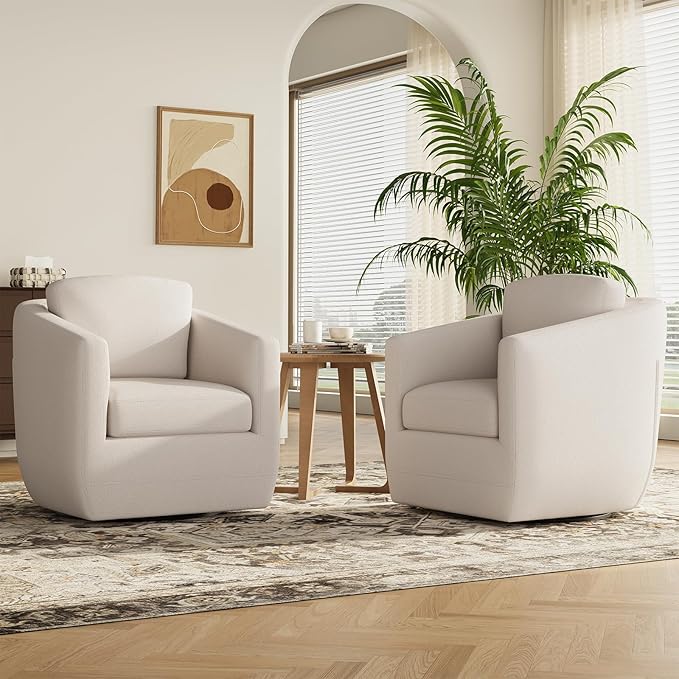 360° Swivel Accent Chair Set of 2 with Pillow - Comfy Living Room Armchair No-Sag Foam & Sturdy Metal Base, Fully Assembled Swivel Accent Single Sofa for Bedroom Living Room, Office, Beige