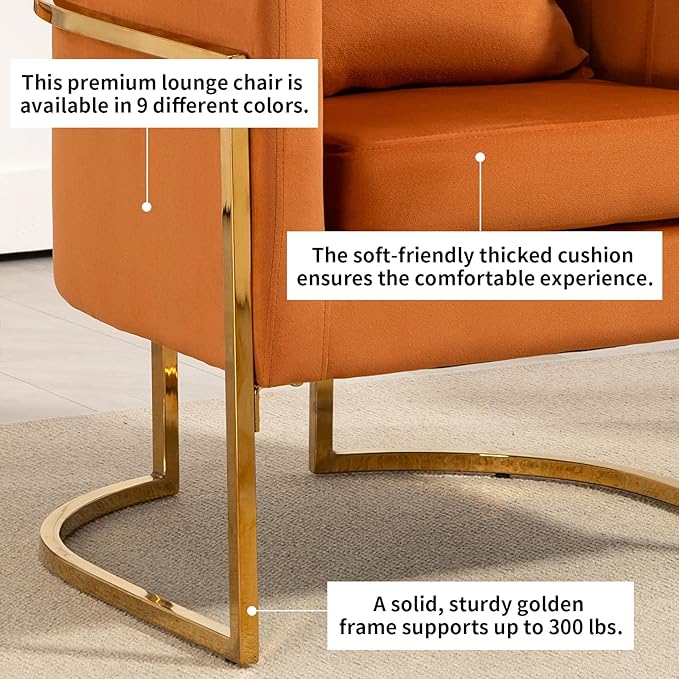 Velvet Modern Accent Chairs Set of 2, Upholstered Barrel Armchair Mid Century with Pillow for Living Room, Comfy Single Vanity Chair with Metal Gold Legs for Bedroom, Orange