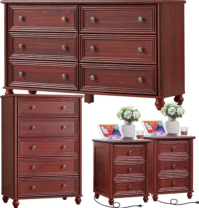 Farmhouse Dressers & Night Stand Set of 4, Wood 54" Wide Dresser & 45" Tall Chest of Drawers, 18" with Charging Station Nightstand Set of 2, Bedroom Furniture Dresser Set for Home Living Room Hallway