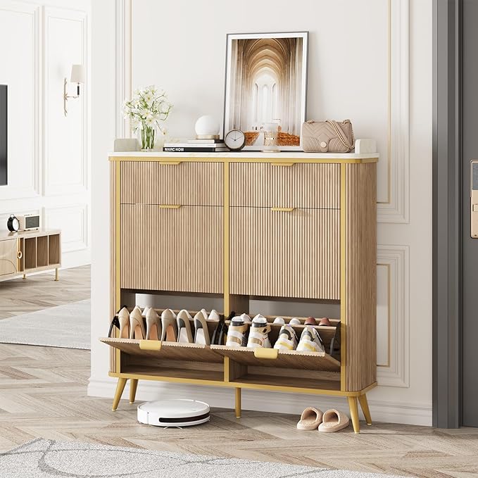 Fluted Shoe Cabinet Storage, Modern Slim Shoe Organizer Cabinet with 4 Flip Drawers & 2 Drawers, Wooden Freestanding Shoe Rack Cabinets for Entryway, Foyer, Hallway, Natural Oak