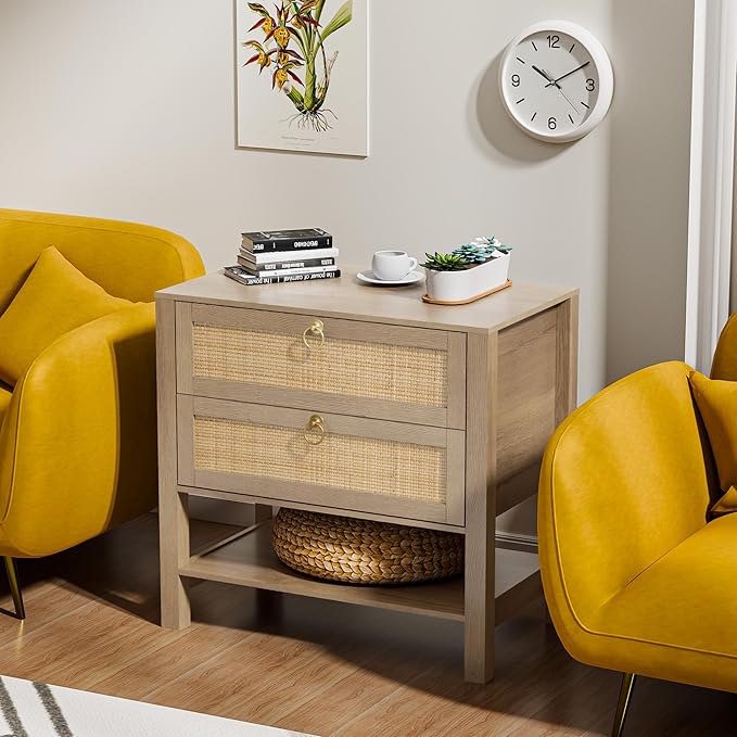 Rattan Nightstand with 2 Drawers and Storage Shelf, 26” Tall Wide Night Stand, Wood Large Bedside Table with Golden Handle for Bedroom, Side Table, Carbon Cherry