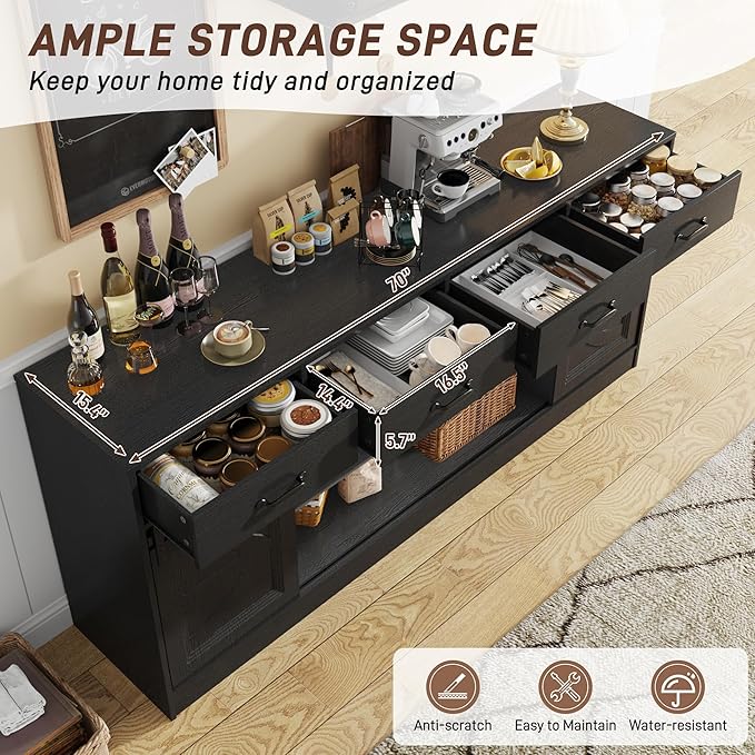 70” Large Long Buffet Sideboard Cabinet w/4 Drawer,Farmhouse Buffet Storage Cabinet,Sliding Door,Buffet Coffee Bar Cabinet, Credenza for Living Room,Black