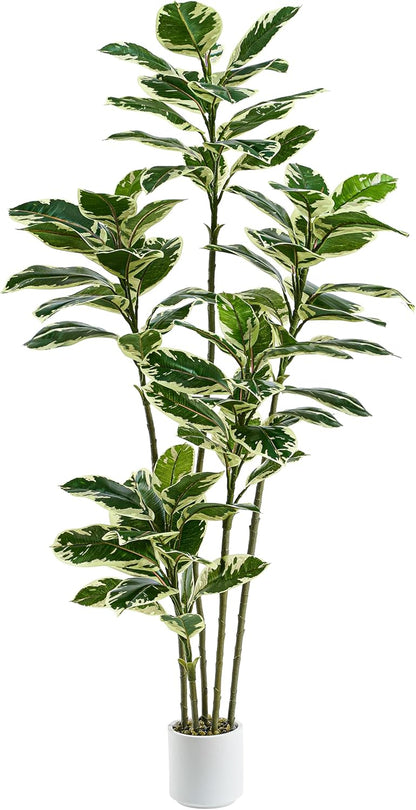 Artificial Rubber Plant 6FT Faux Plants Indoor Fake Rubber Tree with White Planter, Tall Fake Plants Potted Tree Floor Plant in Pot, Artificial Trees for Home Office Room Outdoor Decor