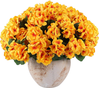 Hananona 12 Pcs Artificial Geranium Flowers for Outdoors Geranium Silk Yellow Flowers Outdoor UV Resistant Garden Plants Faux Fall Flower for Home Kitchen Table Centerpieces Decor (12, Yellow)