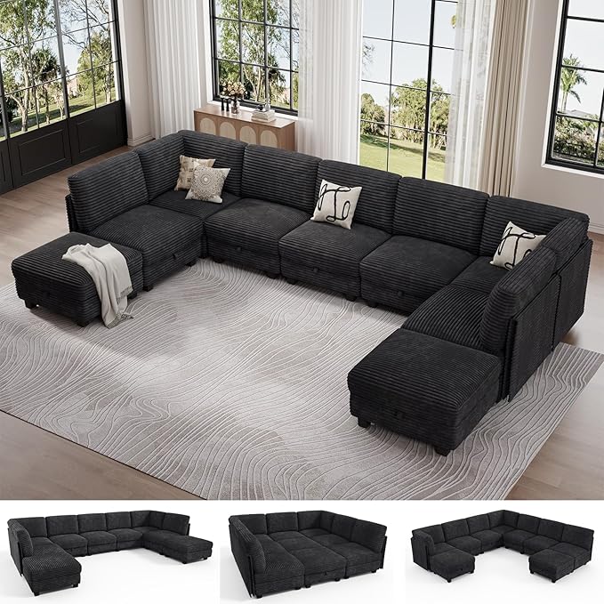 Modular Sectional Sofa with Adjustable Backrest, Large Convertible L/U-Shaped Sleeper Couch for Living Room, Cloud Sofa Bed Modern Reversible Design, Black