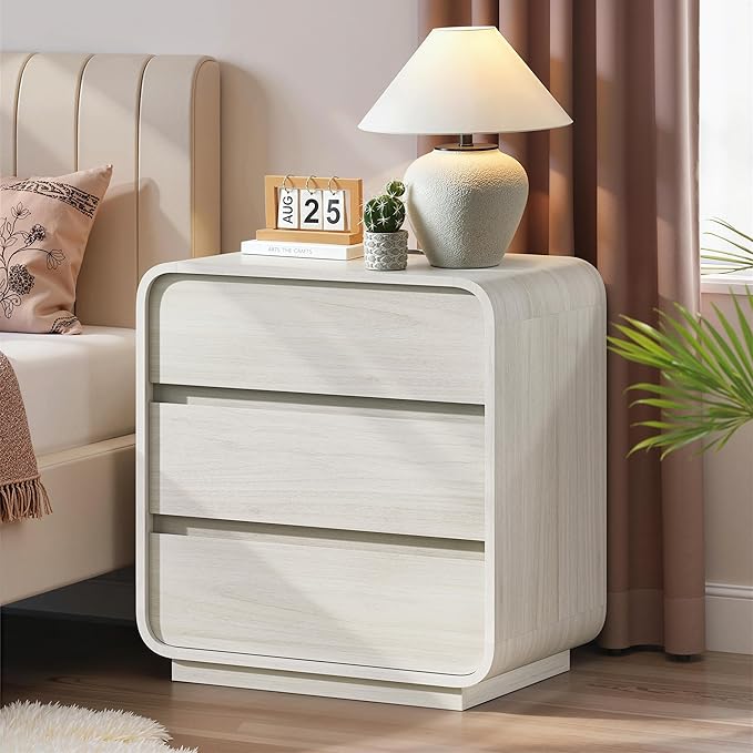 White Nightstand Set of 2 with Charging Station, 23.2" Wide Wood Night Stand, Modern Bedside Table with 3 Storage Drawers, Curved Profile, Mid Century End Table for Bedroom Office