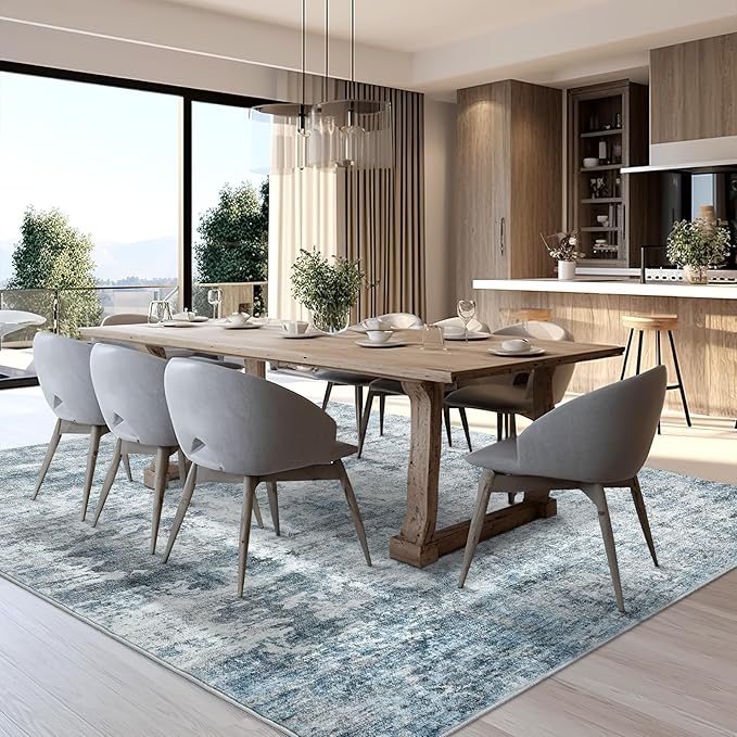 7x9 Area Rug for Living Room Washable Abstract Vintage Soft Thin Indoor Floor Non-Slip Carpet for Bedroom Dining Room Blue Grey