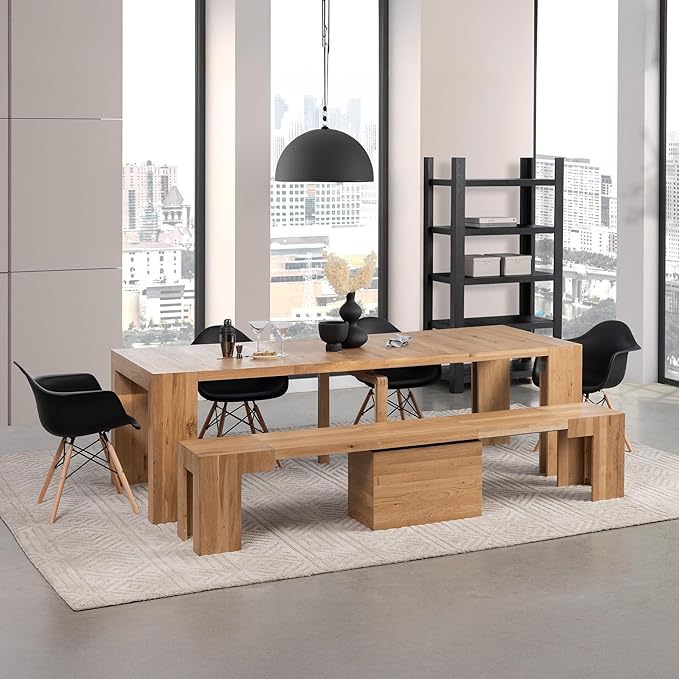 Transformer Table - Solid Wood Extendable Dining Table, Seats 2-12, Extendable Dining Room Table, Space-Saving Furniture, Expandable Dining Furniture (Natural, Table + Bench)