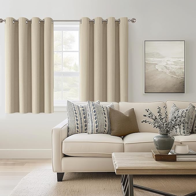 ChrisDowa 100% Blackout Natural Solid Solid Curtains 54 Inches Long 2 Panels for Bedroom Living Room,Farmhouse Room Darkening Thermal Insulated Soundproof Grommet Top Window Treatment Drapes,52x54
