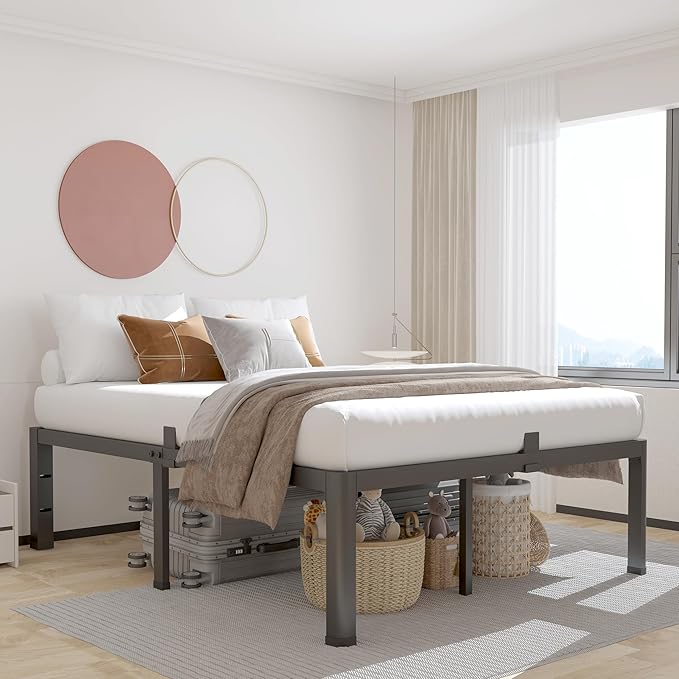 ROIL 20 Inch Full Size Bed Frame with Rounded Corner and Headboard Hole Mattress Retainers 3500LBS Metal Heavy Duty Steel Slats No Box Spring Needed Platform Noise-Free Easy Assembly