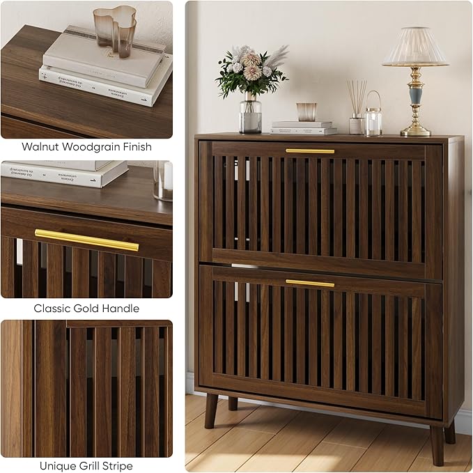Shoe Storage Cabinet with 2 Flip Slatted Drawers, Narrow Wood Shoe Cabinet with Gold Handle, Hidden Entryway Shoe Organizer for Hallway, Foyer, Walnut
