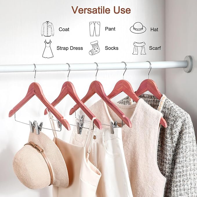 TOPIA HANGER American Red Cedar Wooden Hangers with Adjustable Metal Clips and 360° Swivel Hook, Premium Wood Clothes Hangers 20 Pack for Suit, Pant, Skirt, Jeans, Coat, Jacket-CT28C20