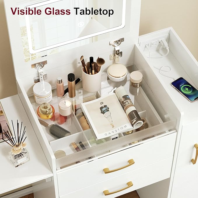 Small Vanity Desk,Compact Vanity Set with Power Outlet,3 in 1 Makeup Vanity with Lights with 3 Modes Lighting,Plip Mirror,Sliding Cabinet,Storage Stool,Dressing Table,White Vanity PT01DTM
