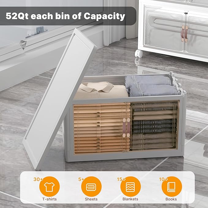 Extra Large Stackable Storage Bins with Lids & Wheels & Door, 336QT-112QT/28GAL*3Pack Foldable Collapsible Closet Organizers, Plastic containers drawers for bedroom Dorm