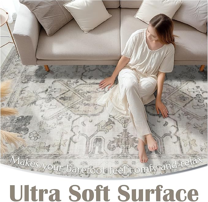 jinchan 4x6 Machine Washable Area Rug Ultra-Thin Soft Throw Rug Low Pile Non-Slip Stain Resistant Distressed Vintage Floral Carpet for Bedroom, Living Room, Dining Room, Kitchen, Nursery(4x6ft, Taupe)