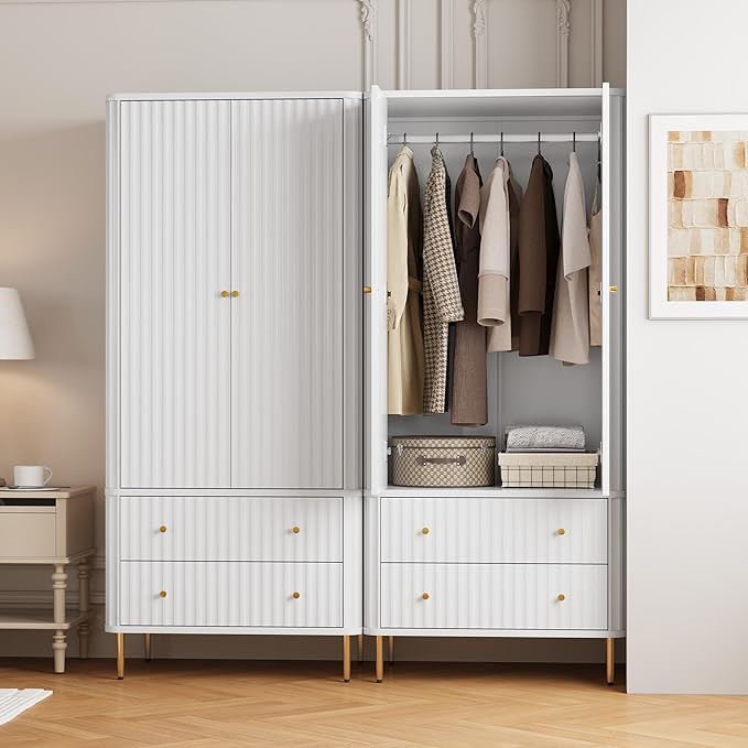 HLR 72" Modern Armoire Wardrobe Closet with Doors and Drawers, Bedroom Armoire Cabinet with Hanging Rod, Wooden Clothing Storage Cabinet Set of 2,White