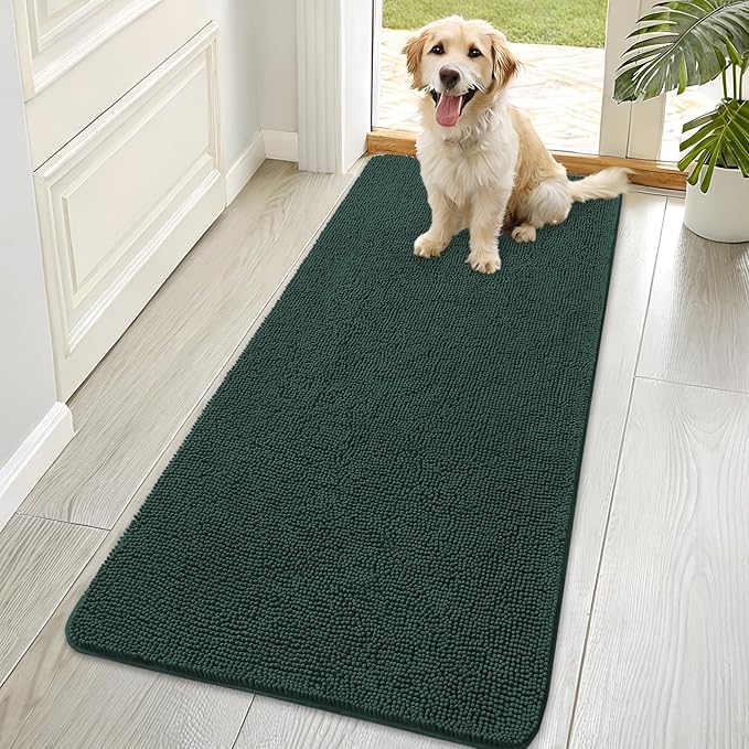 OLANLY Dog Door Mat for Muddy Paws 70x35, Absorbs Moisture and Dirt, Absorbent Non-Slip Washable Doormat, Quick Dry Chenille Mud Mat, Entry Indoor Entryway Carpet for Inside Floor, Blackish Green