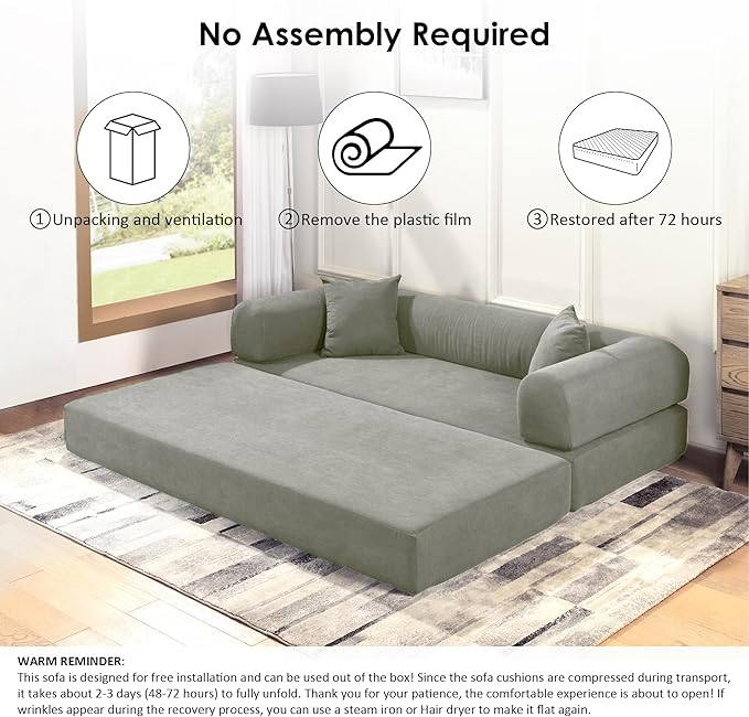80" Convertible Sofa Bed, No Assembly Modern Boneless Compression Sofa in Box, 3-in-1 Corduroy Folding Pull Out Couch with Pillows, Floor Couch with Side Storage Pocket for Living Room,Light Grey