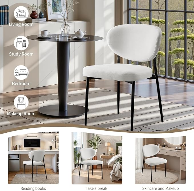 Upholstered Dining Room Chairs Set of 6 Modern Chenille Diner Chairs with 58D Memory Foam Thick Cushion Comfy Armless Kitchen Chair with Sturdy Metal Legs for Dining Table/Vanity White