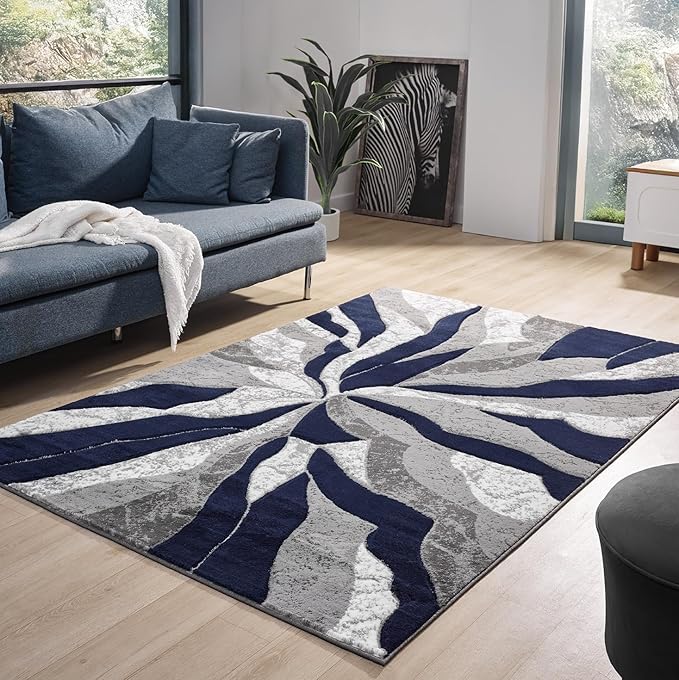 Modern Abstract Area Rug Hand Carved Contemporary Geometric Vibrant Colors Carpet for Living Room Bedroom Design PR1002 (Navy, 8' x 10')