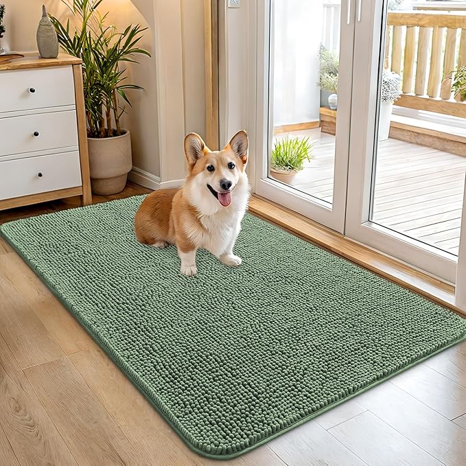 OLANLY Dog Door Mat for Muddy Paws 45x27, Absorbs Moisture and Dirt, Absorbent Non-Slip Washable Doormat, Quick Dry Chenille Mud Mat, Entry Indoor Entryway Carpet for Inside Floor, Olive Green