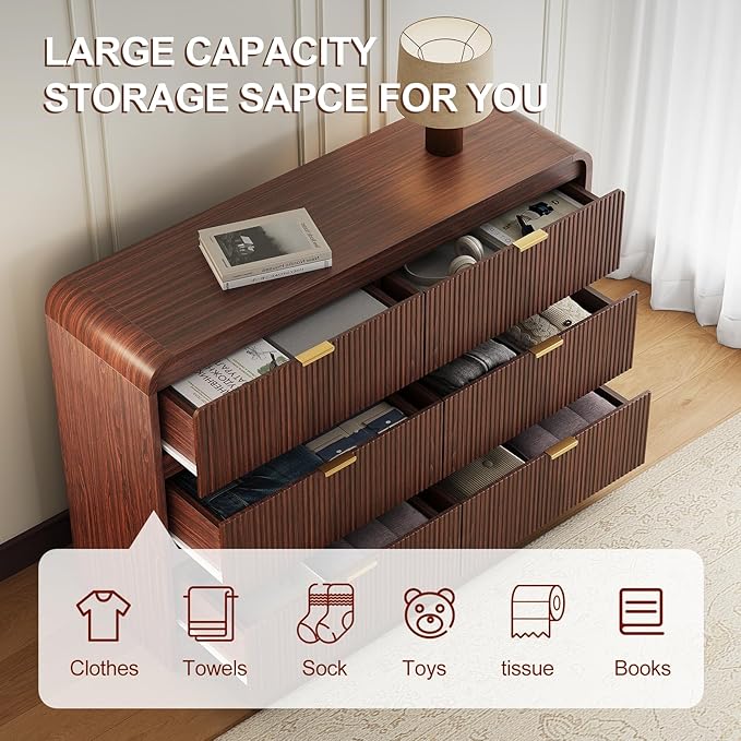 FURSUN Fluted 6 Drawers Dresser for Bedroom, 54" Wide Wooden Dresser with Metal Handle, Curved Profile Design, Modern Storage Organizer for Bedroom, Living Room, Hallway, Walnut