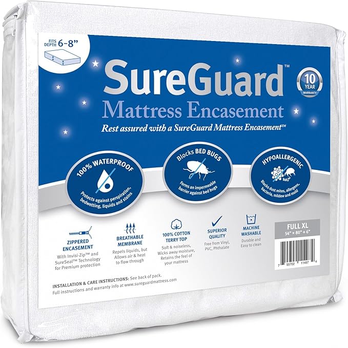 Full XL (6-8 in. Deep) SureGuard Mattress Encasement - 100% Waterproof, Bed Bug Proof, Hypoallergenic - Premium Zippered Six-Sided Cover