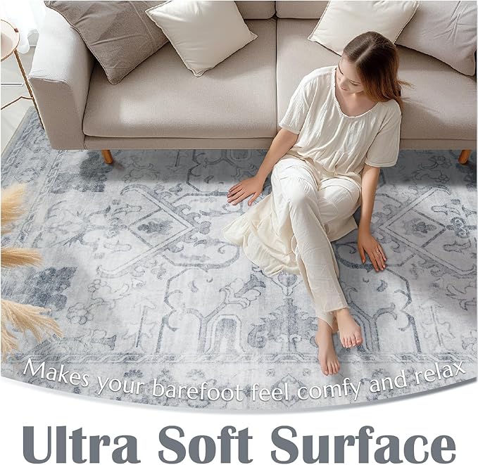 jinchan 8x10 Area Rugs for Living Room Washable Soft Throw Rug Ultra-Thin Stain Resistant Non-Slip Distressed Vintage Floral Large Carpet for Bedroom,Dining Room,Home Office,Nursery (8x10ft,Grey)