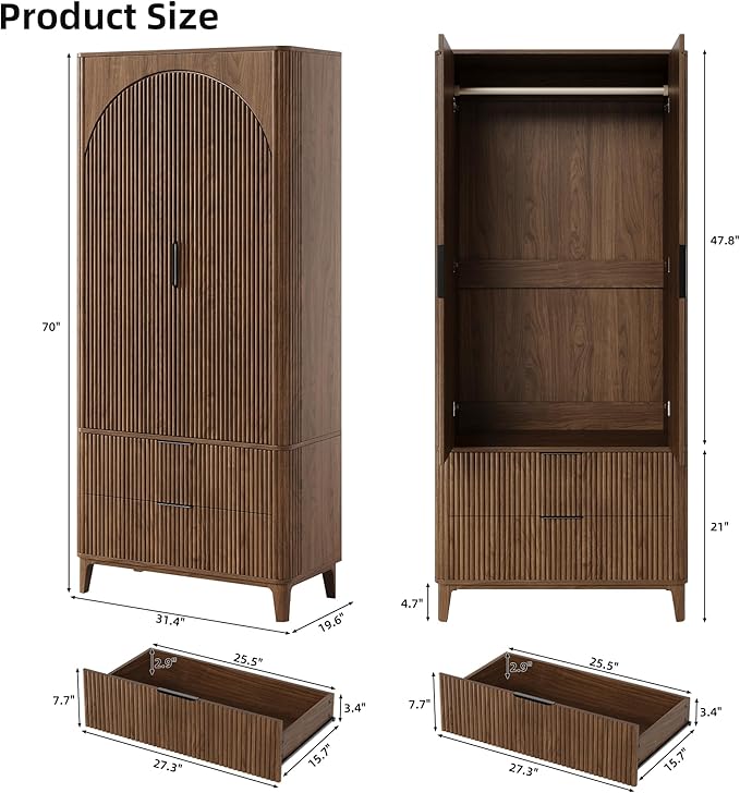 70.1" Arched Wooden Armoire Wardrobe Closet with 2 Doors and 2 Drawers, Fluted Bedroom Armoire with Hanging Rod Shelf, Clothing Storage Cabinet, Wardrobe Armoire Closet Cabinet for Bedroom