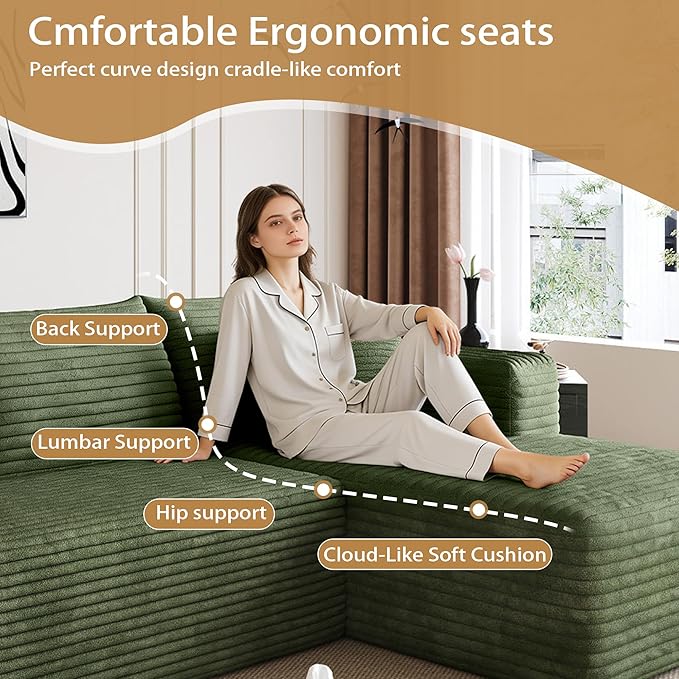 96" Sectional Couches for Living Room Modern Modular Sofa with L-Shape Couchs Upholstered Boneless Couch Deep Seat Sectional Couch with Chaise (Green, 96" Right Facing Chaise+2Seaters)